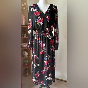 Black & Floral Midi Dress by POPSUGAR Long Sleeve Sz L Perfect Anytime EUC!
